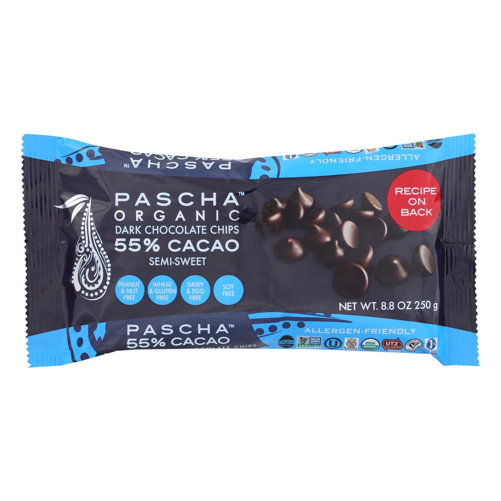 Pascha Chocolate Chips - Semi - Sweet Dark - Case Of 6 - 8.8 Oz. - GreatEagleInc