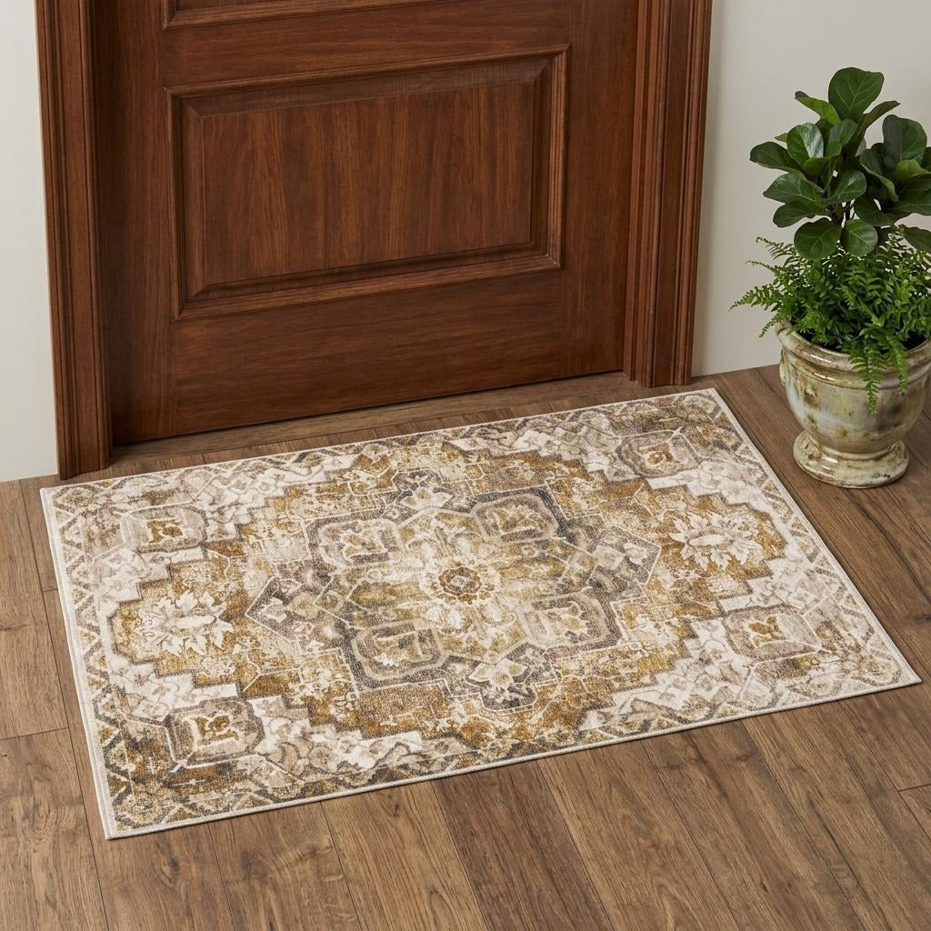 2' X 3' Gold And Brown Oriental Distressed Area Rug With Fringe - Home & Garden