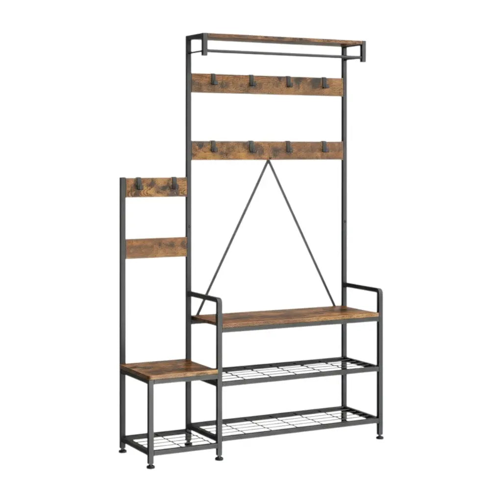 71" Black And Brown Rustic Ten Hook Coat Rack Storage Bench Homeroots Organization