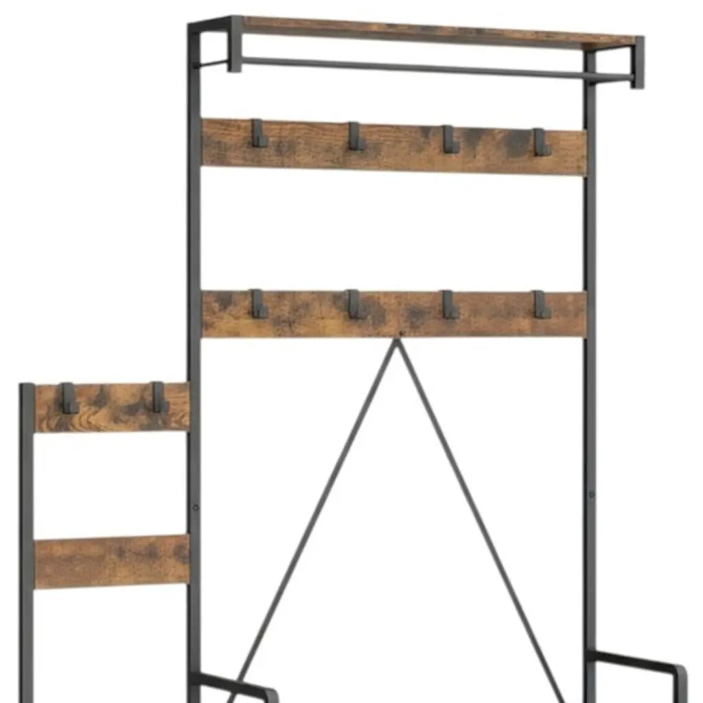 71" Black And Brown Rustic Ten Hook Coat Rack Storage Bench Homeroots Organization