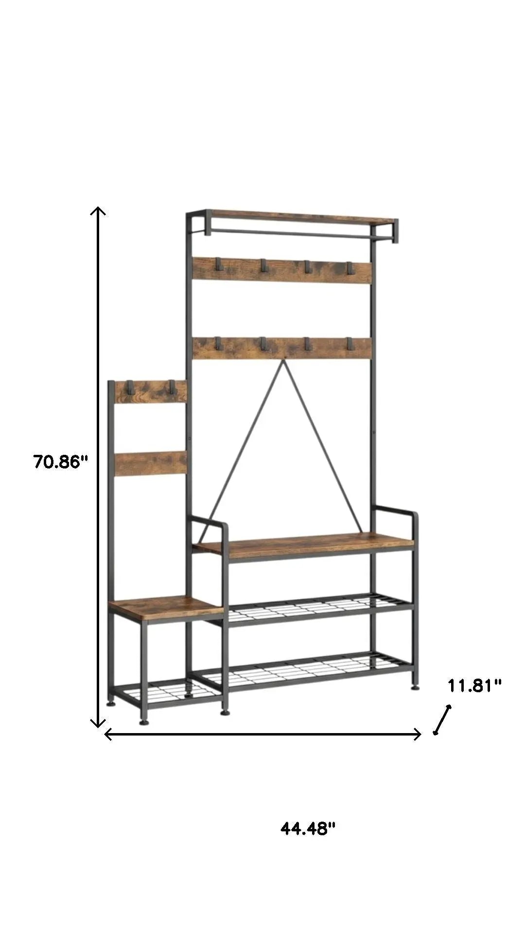 71" Black And Brown Rustic Ten Hook Coat Rack Storage Bench Homeroots Organization