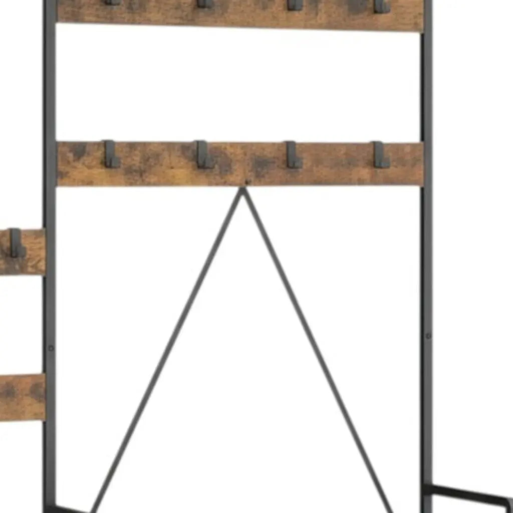 71" Black And Brown Rustic Ten Hook Coat Rack Storage Bench Homeroots Organization