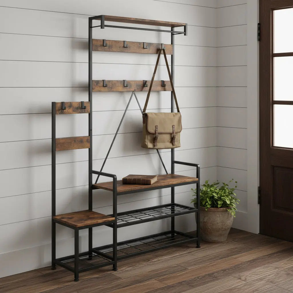 71" Black And Brown Rustic Ten Hook Coat Rack Storage Bench Homeroots Organization