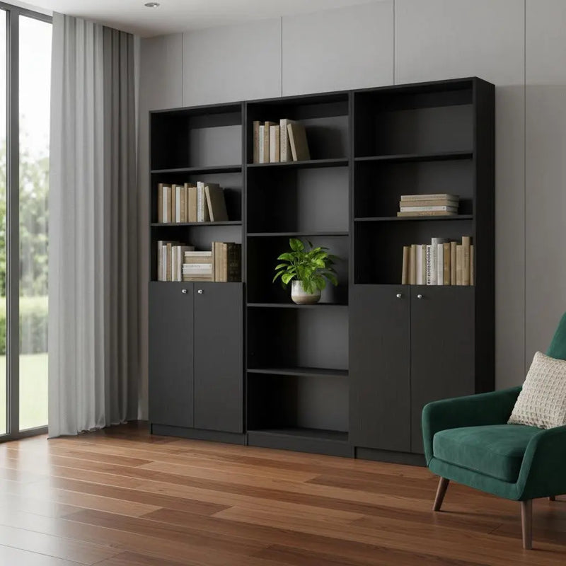 71" Black Five Tier Bookcase with Four Doors Homeroots Office
