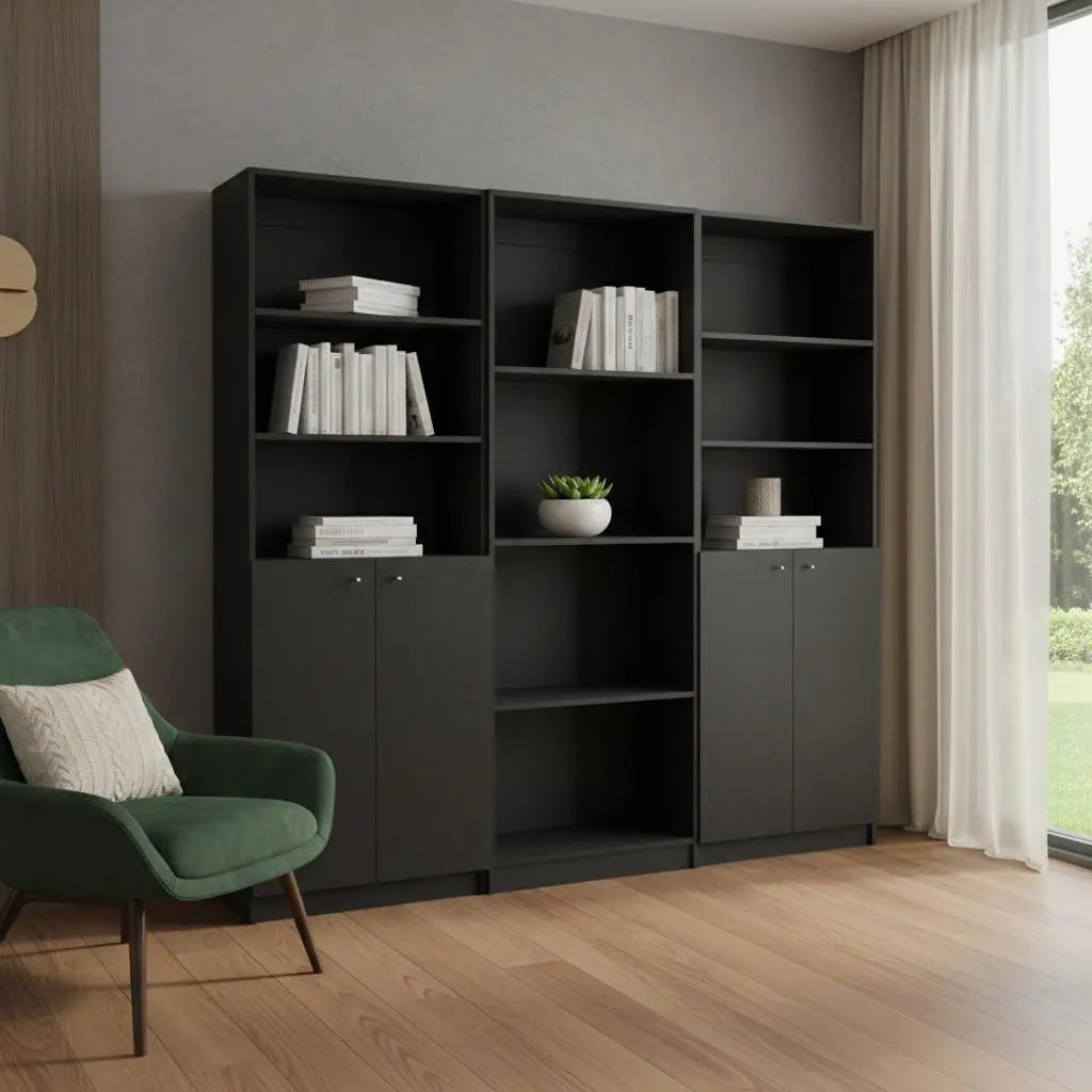 71" Black Five Tier Bookcase with Four doors Homeroots Office
