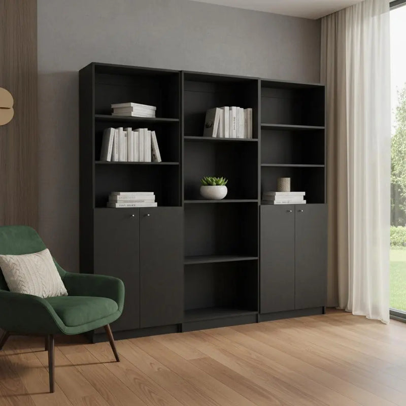 71" Black Five Tier Bookcase with Four doors Homeroots Office