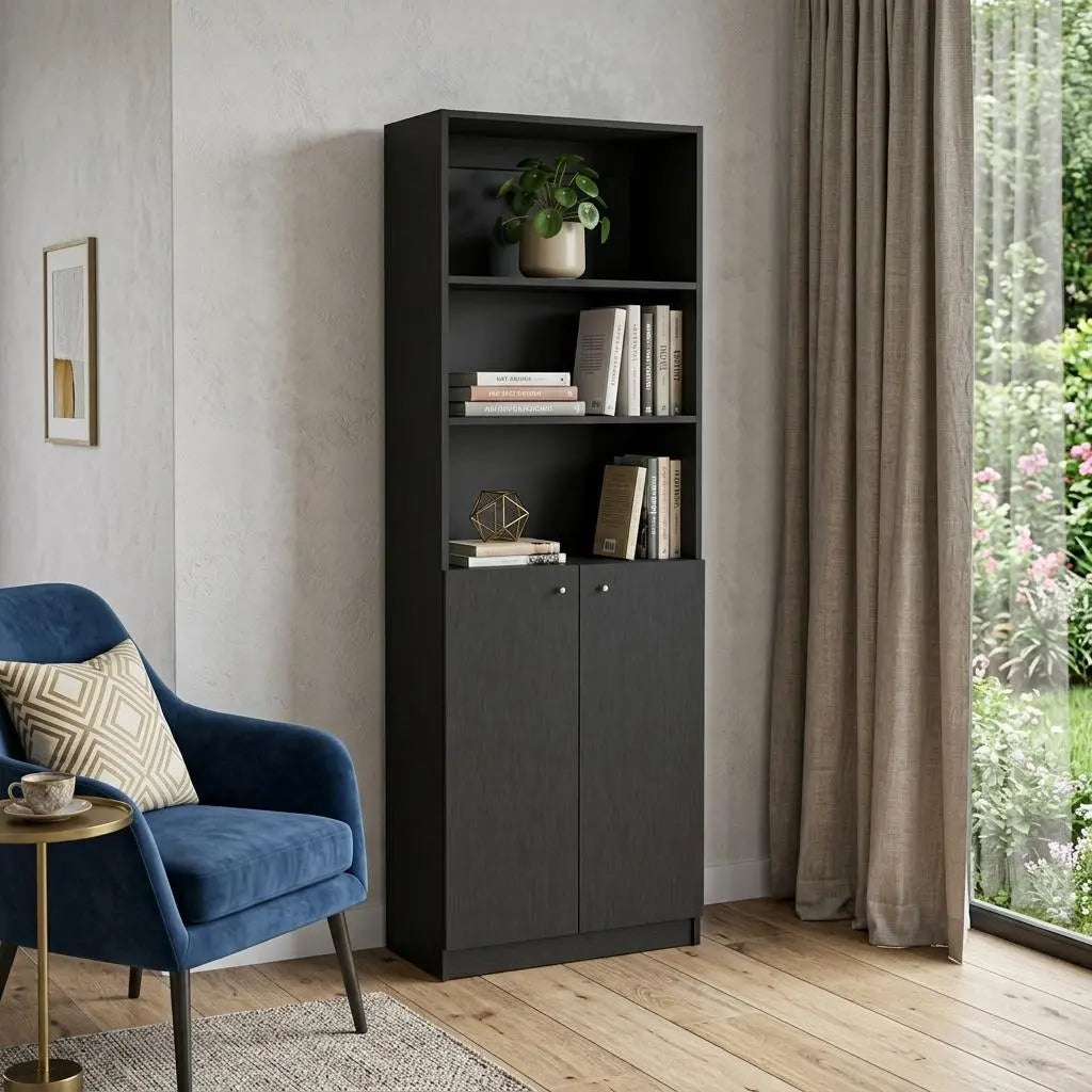 71" Black Five Tier Bookcase with Two doors Homeroots Office