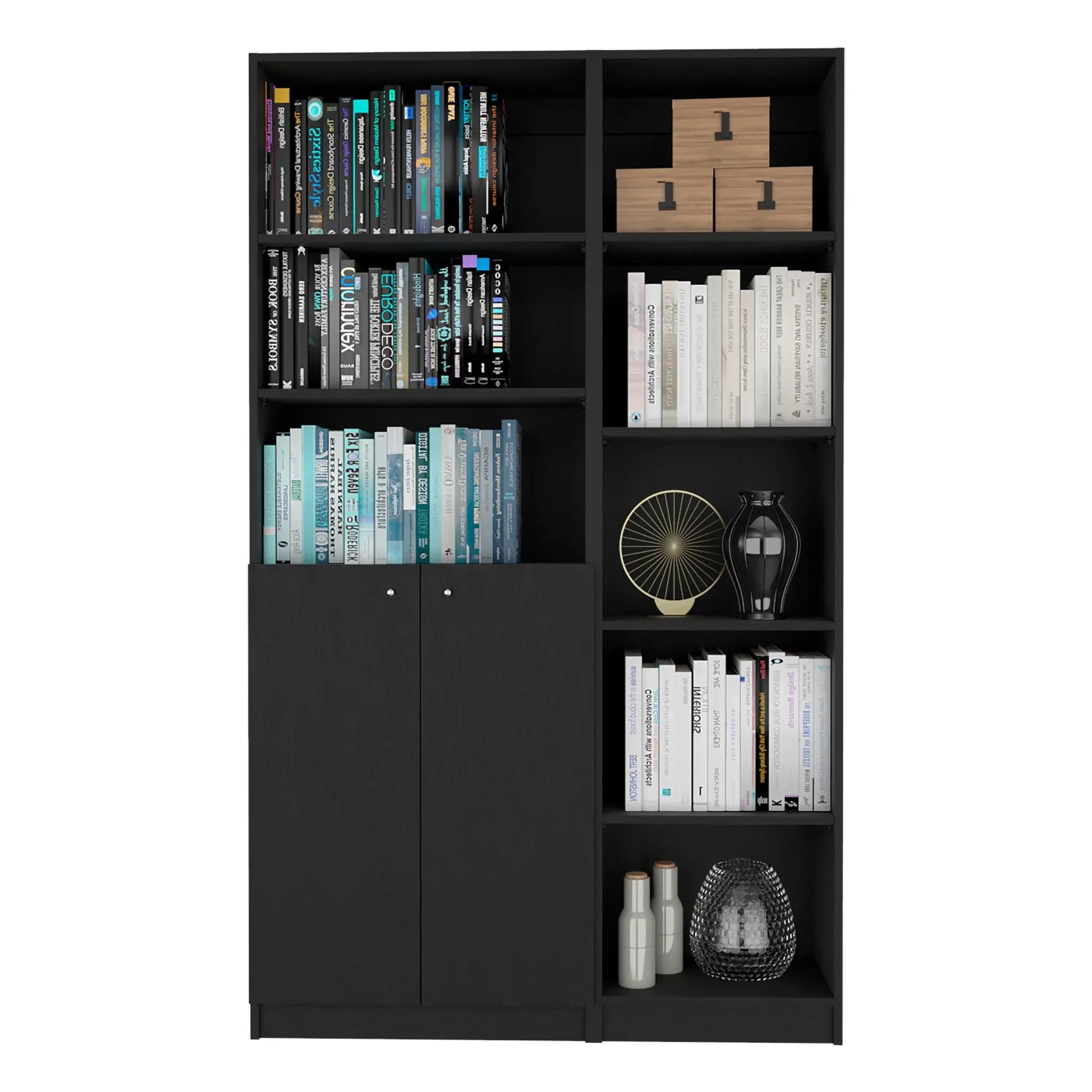 71" Black Five Tier Bookcase with Two doors Homeroots Office