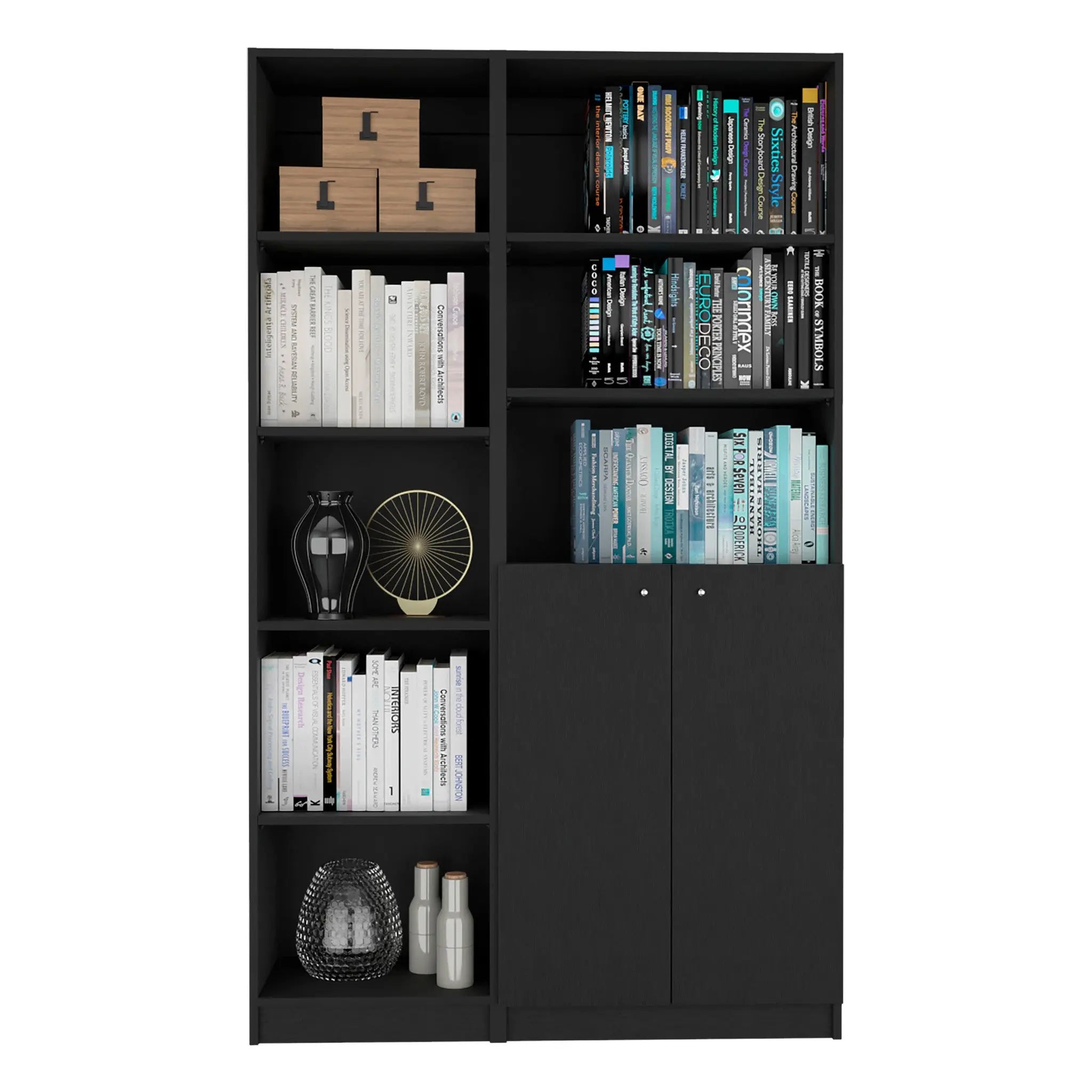 71" Black Five Tier Bookcase with Two doors Homeroots Office