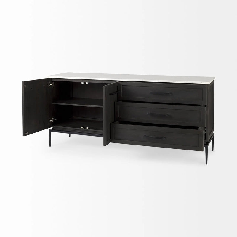 71" Black Solid Wood Three Drawer Sideboard With Two Doors Homeroots Kitchen & Dining