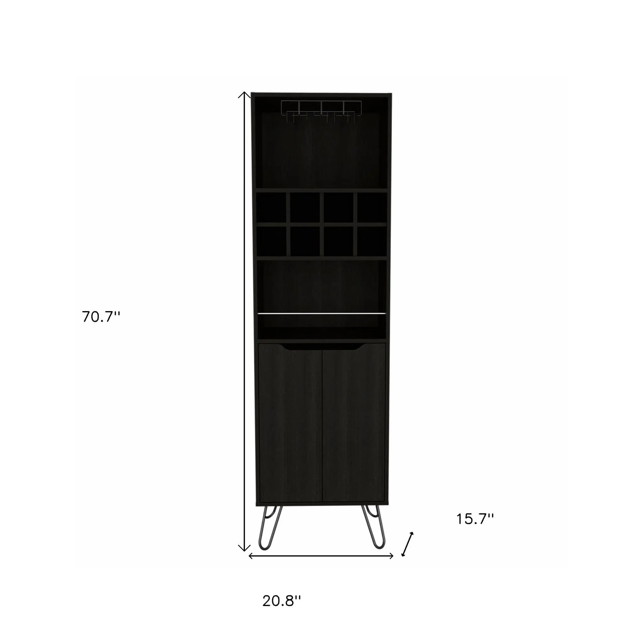 71" Black Tall Bar Cabinet with Two Door Panels and Top Wine Glass Rack Homeroots Kitchen & Dining