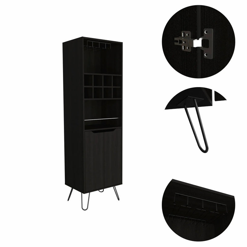 71" Black Tall Bar Cabinet with Two Door Panels and Top Wine Glass Rack Homeroots Kitchen & Dining