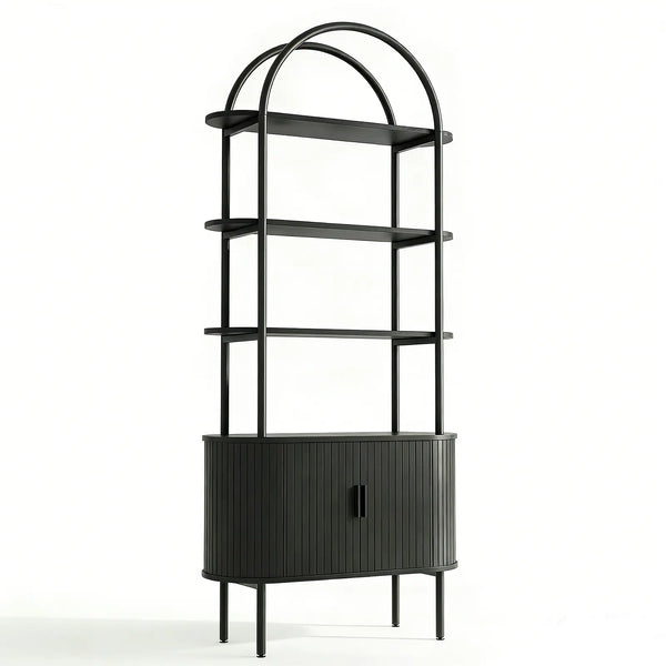 71" Black Wood Four Tier Arched Etagere Bookcase with Two Doors Homeroots Office