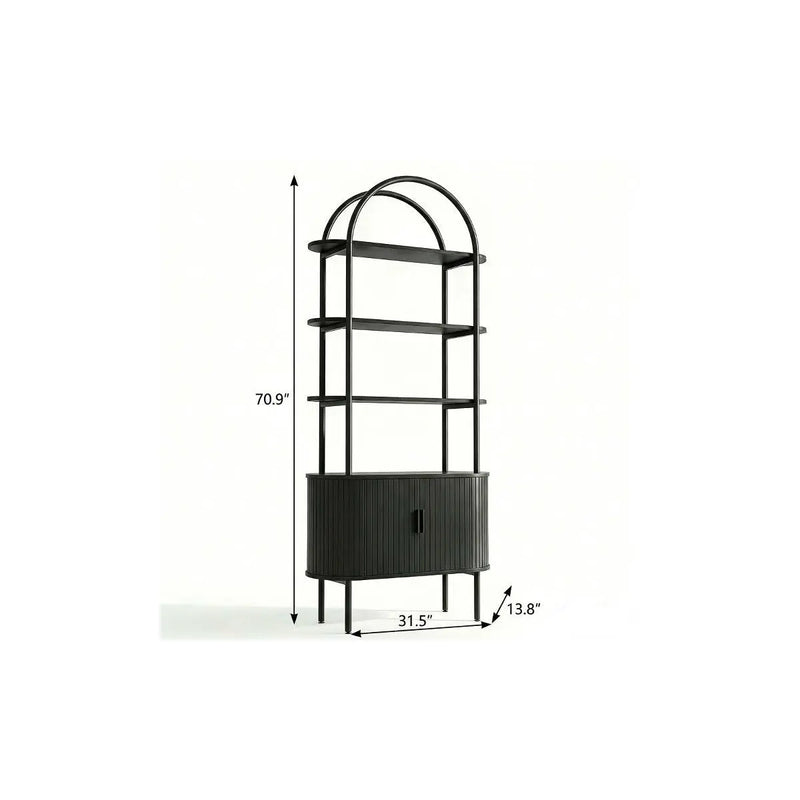 71" Black Wood Four Tier Arched Etagere Bookcase with Two Doors Homeroots Office