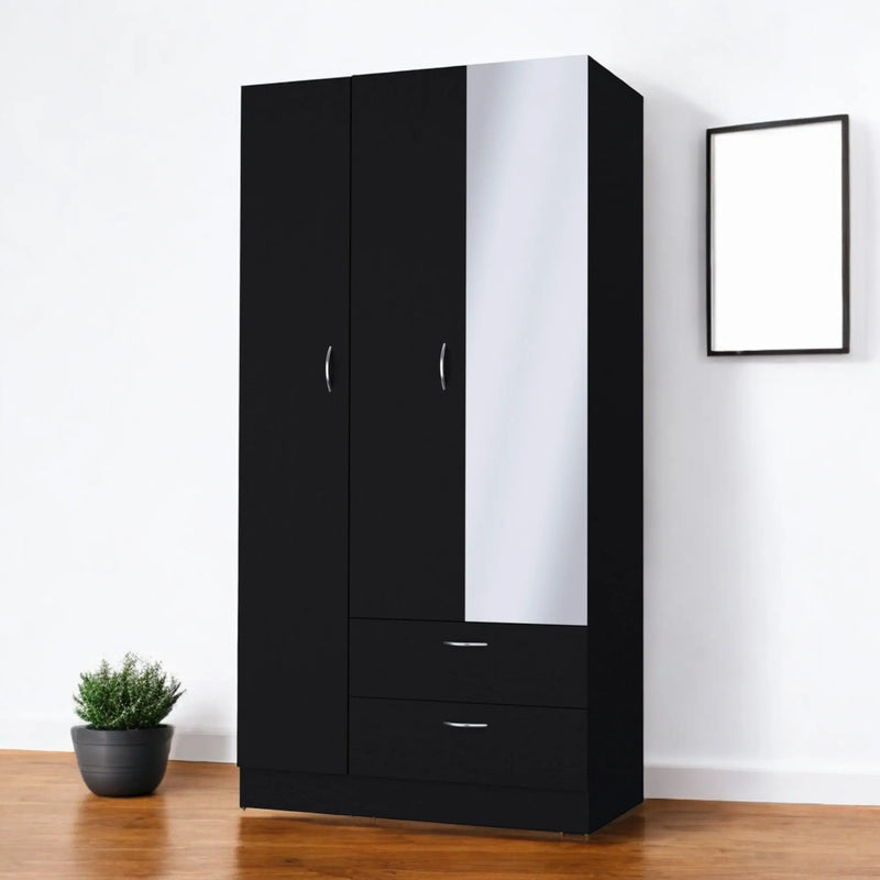 71" Black Wood Mirrored Two Door Two Drawer Combo Dresser Homeroots Bed & Bath