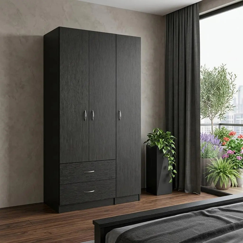 71" Black Wood Three Door Two Drawer Combo Dresser Homeroots Bed & Bath