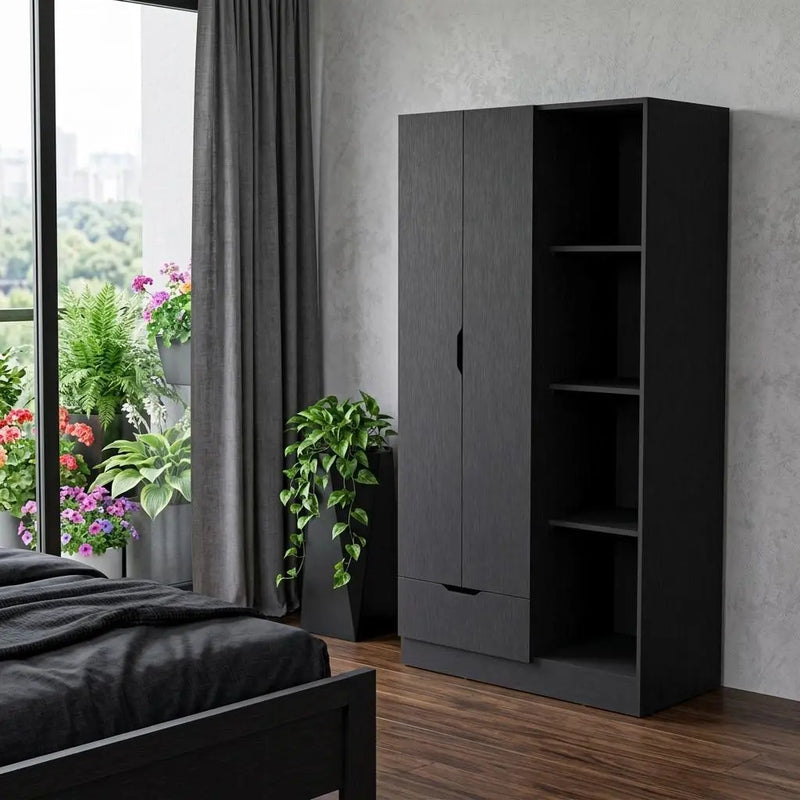71" Black Wood Two Door Single Drawer Combo Dresser Homeroots Bed & Bath