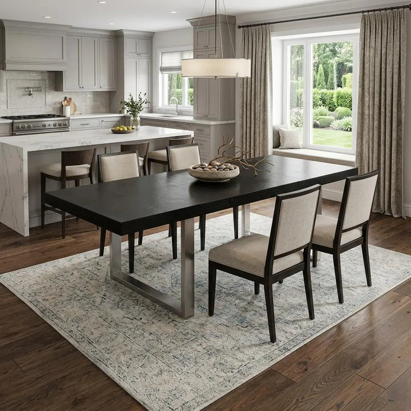 71" Black and Silver Wood and Stainless Steel Removable Leaf Sled Base Extendable Dining Table Homeroots Kitchen & Dining