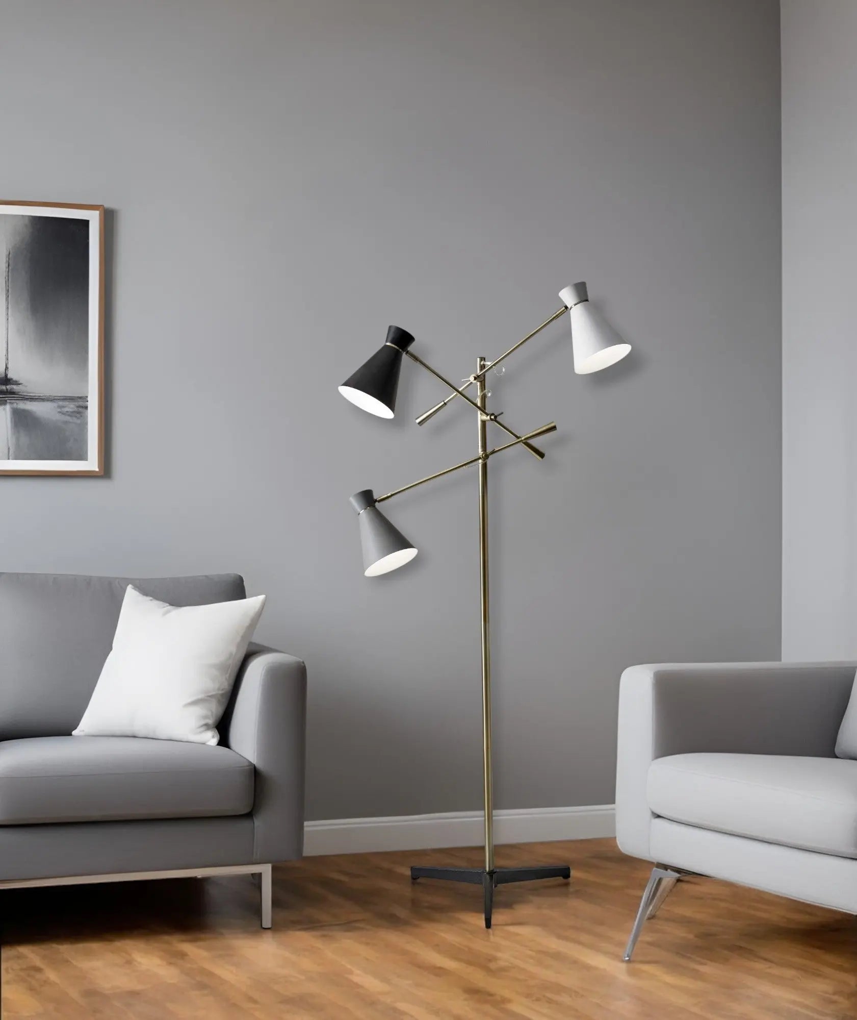 71" Brass Metal Novelty Floor Lamp With Black And White Iron Cone Shade - GreatEagleInc