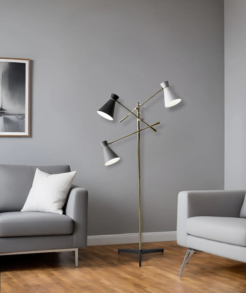 71" Brass Metal Novelty Floor Lamp With Black And White Iron Cone Shade - GreatEagleInc