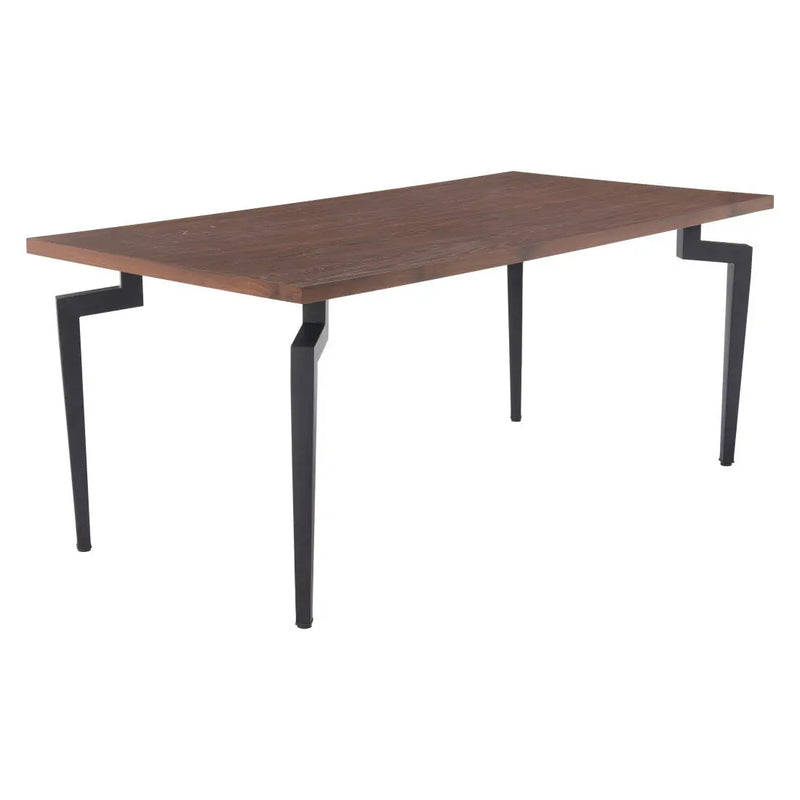 Modern rectangular dining table with a walnut wood finish and sleek black metal legs, perfect for contemporary spaces.