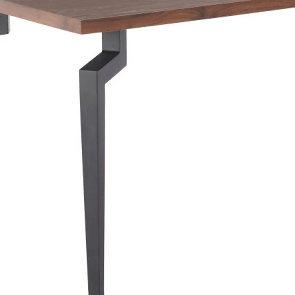 Modern walnut wood dining table with sleek black metal legs, perfect for contemporary home décor.