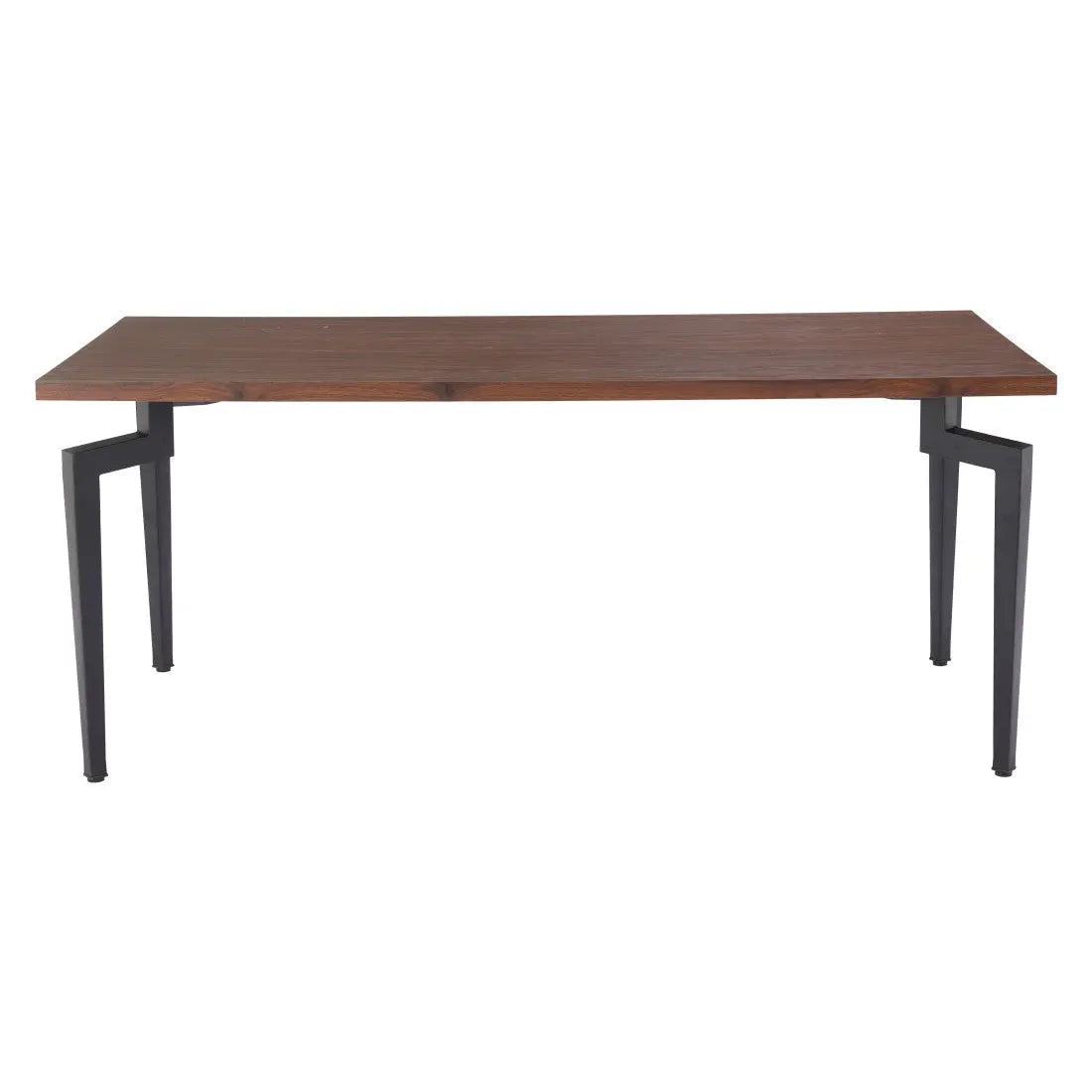 Modern walnut wood table with sleek black metal legs, perfect for minimalist dining or workspace decor.