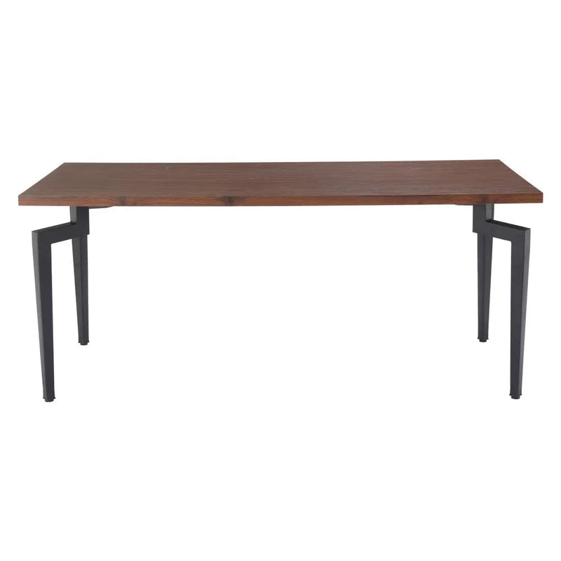 Modern walnut wood table with sleek black metal legs, perfect for minimalist dining or workspace decor.
