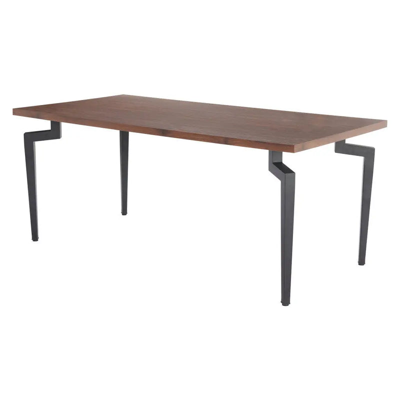 Modern walnut wood dining table with sleek black metal legs, perfect for contemporary interiors.