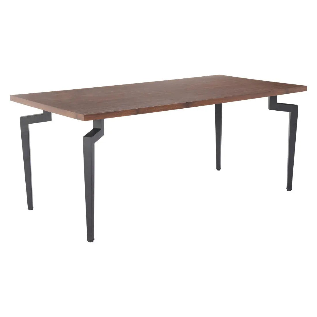 Walnut wood dining table with modern black metal legs, rectangular shape, and industrial style design.
