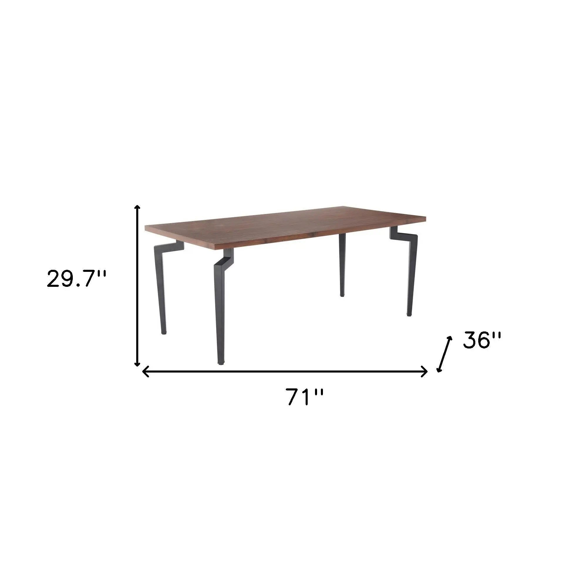 Modern dark wood dining table with black metal legs, 71 inches long, 36 inches wide, and 29.7 inches high.