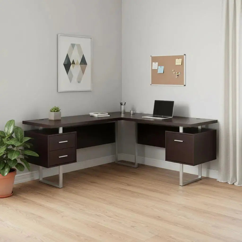 71" Brown and Silver L Shape Computer Desk With Three Drawers Homeroots Office
