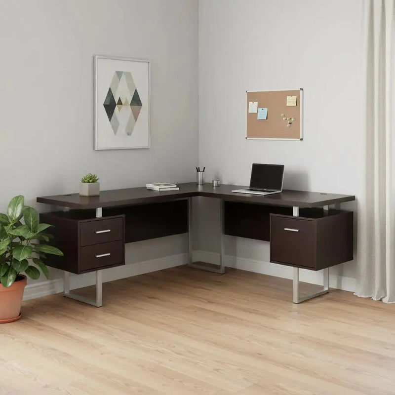 71" Brown and Silver L Shape Computer Desk With Three Drawers Homeroots Office