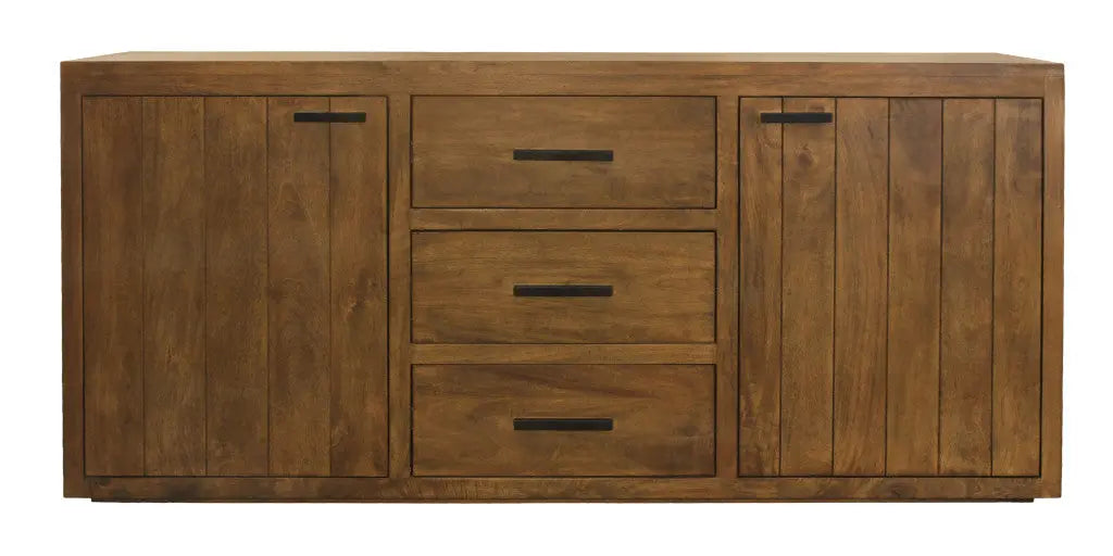 Rustic brown wood sideboard with three drawers and two cabinets, featuring sleek black metal handles.