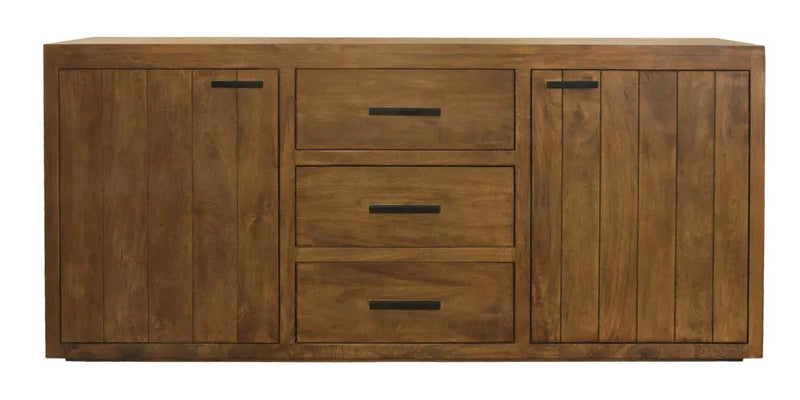 Rustic brown wood sideboard with three drawers and two cabinets, featuring sleek black metal handles.