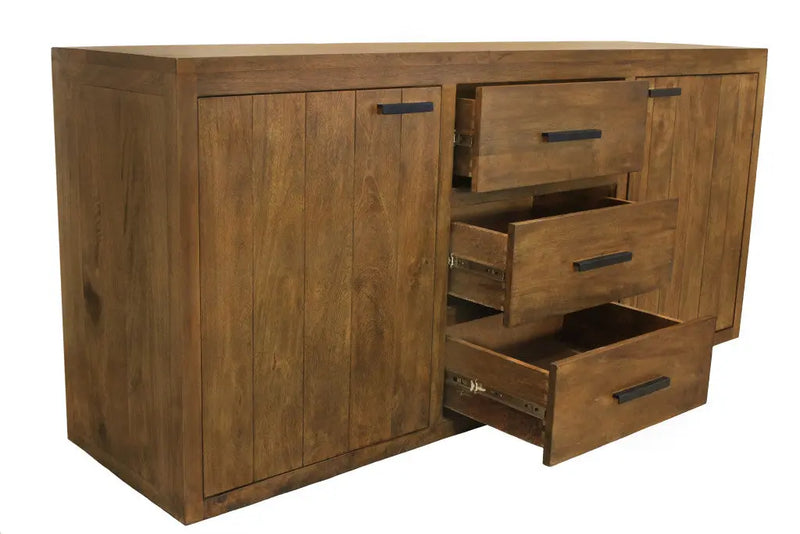 Rustic brown wooden sideboard featuring four spacious drawers and sleek metal handles for modern storage solutions.