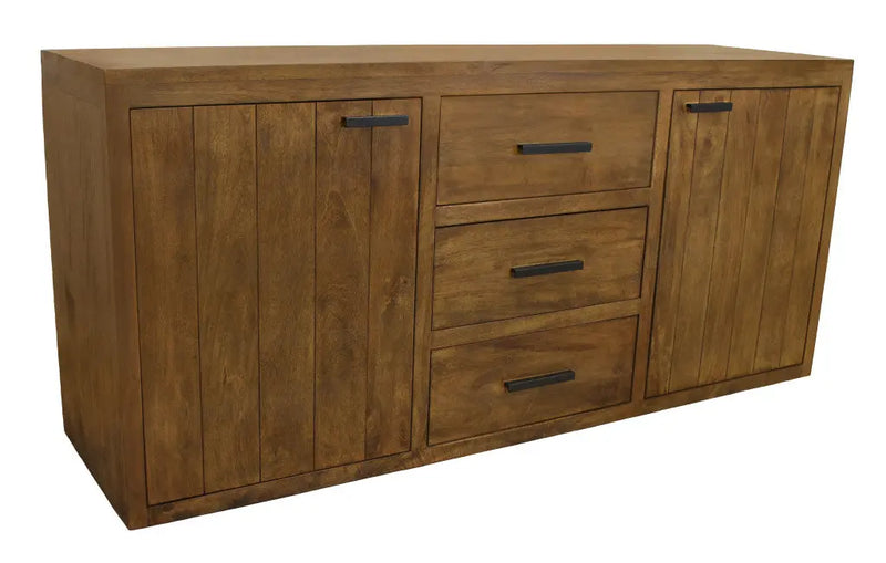 Rustic wooden sideboard in oak finish with four drawers and two doors, featuring black metal handles.