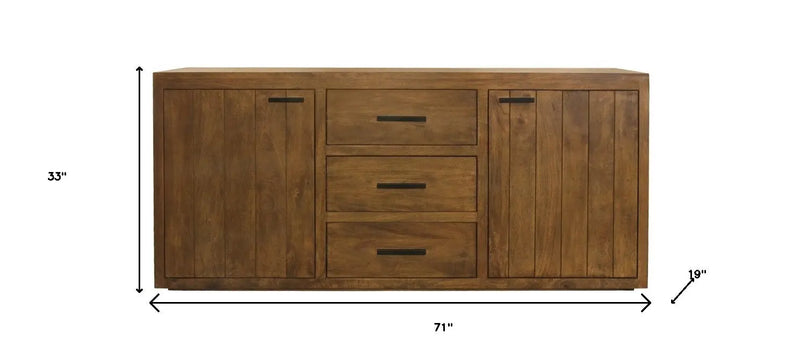 Rustic brown wooden sideboard with three drawers and two cabinets, measuring 71” x 33” x 19” for stylish storage.