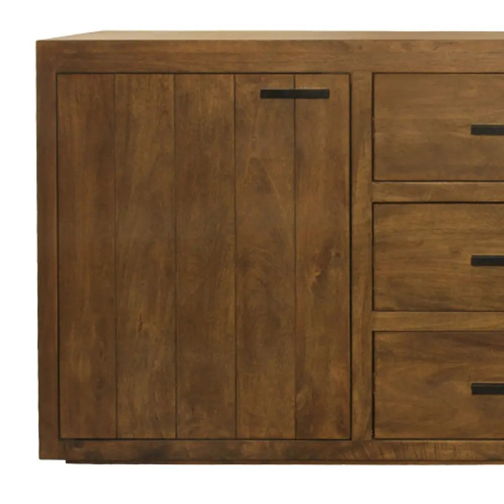Rustic brown wooden sideboard with three drawers and a cabinet, featuring a streamlined design and natural finish.