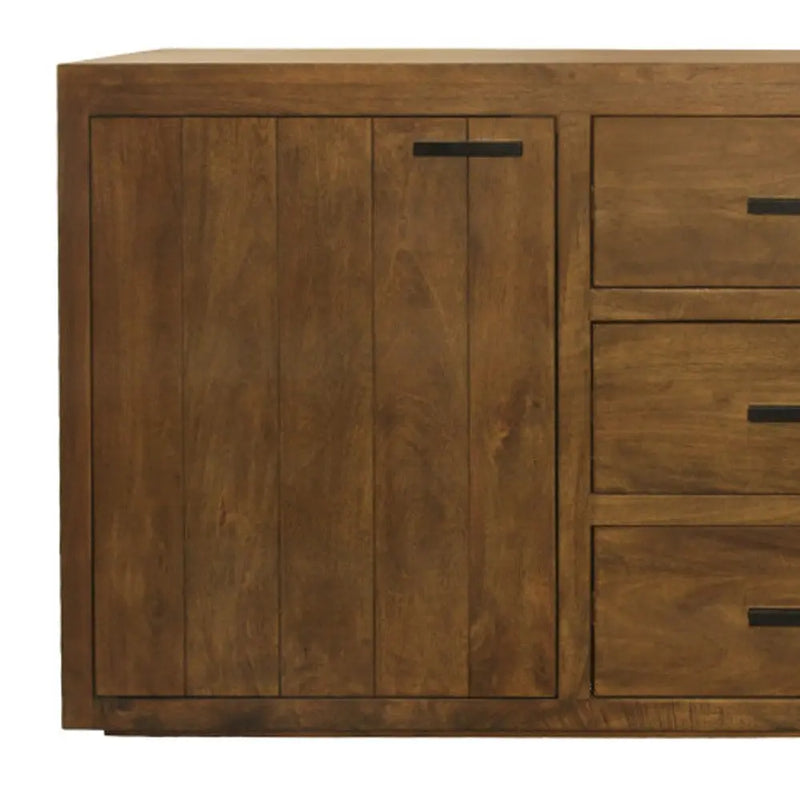 Rustic brown wooden sideboard with three drawers and a cabinet, featuring a streamlined design and natural finish.