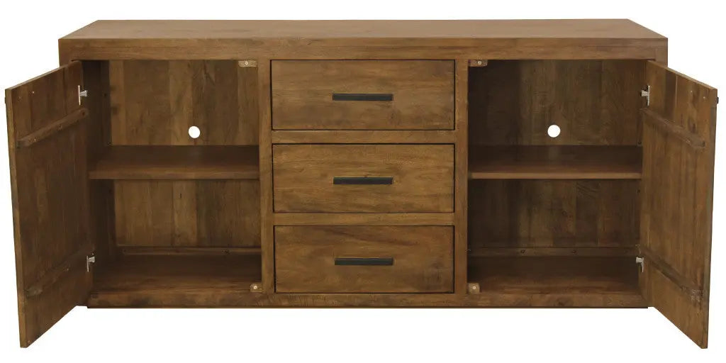 Rustic brown wooden TV stand with three drawers and two open shelves, featuring sleek black metal handles.
