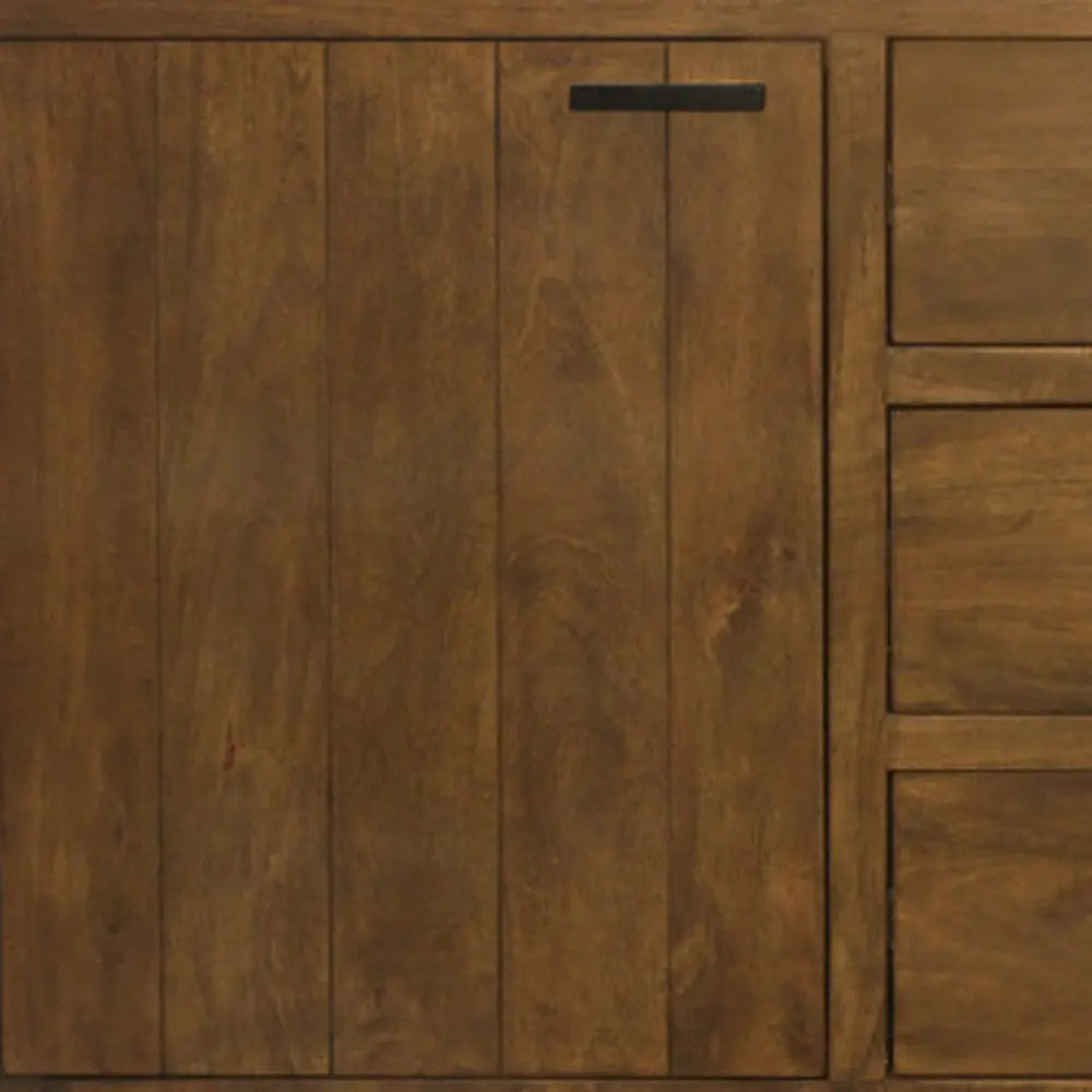 Stylish brown wooden cabinet with smooth finish, featuring a sleek black handle and minimalist design.