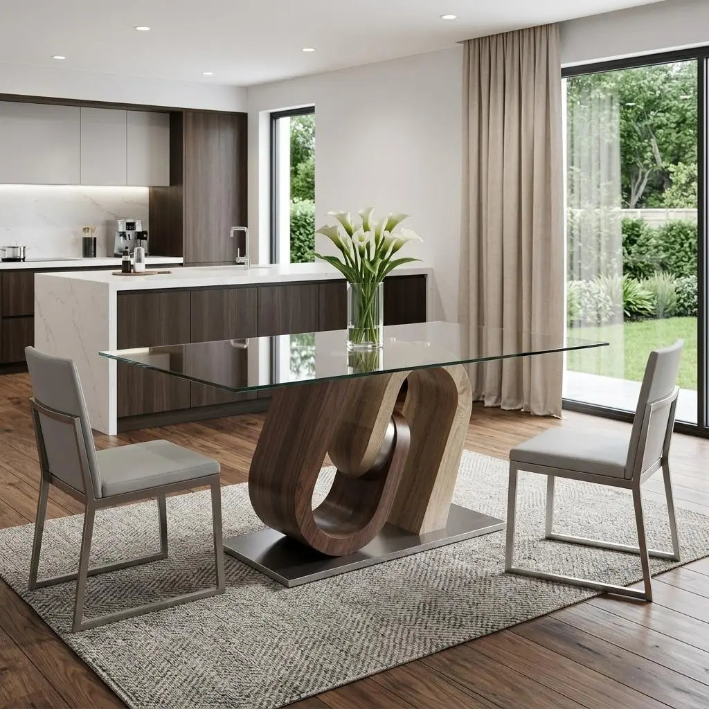 71" Clear And Brown and Silver Glass And Stainless Steel and Manufactured Wood Pedestal Base Dining Table Homeroots Kitchen & Dining