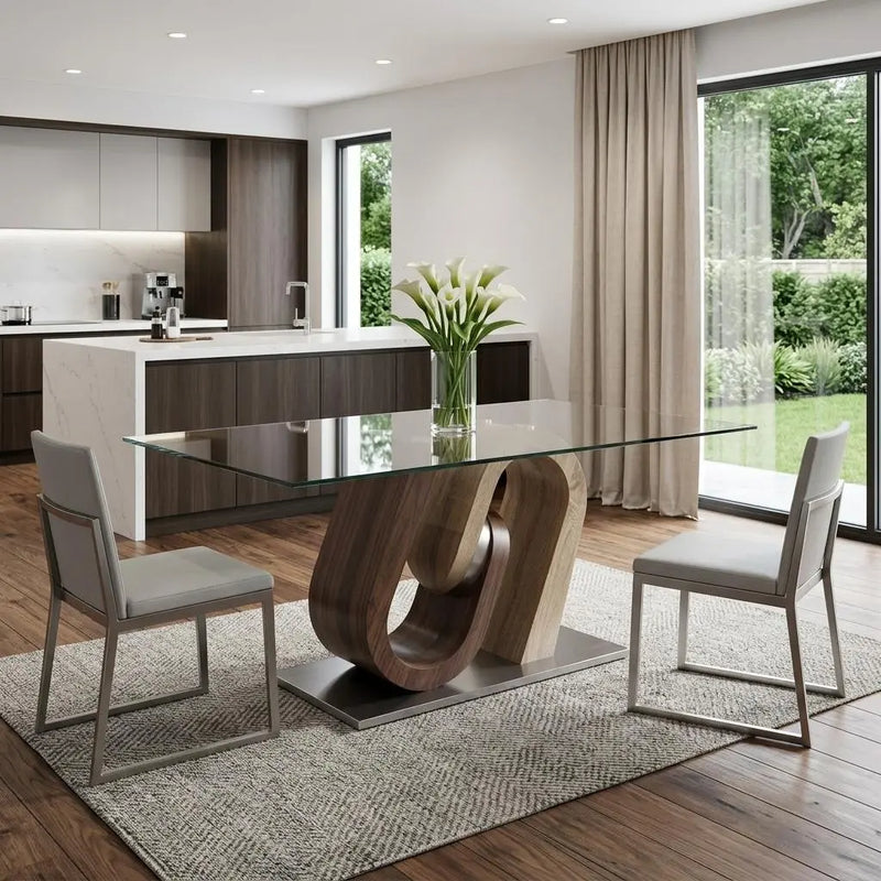 71" Clear And Brown and Silver Glass And Stainless Steel and Manufactured Wood Pedestal Base Dining Table Homeroots Kitchen & Dining