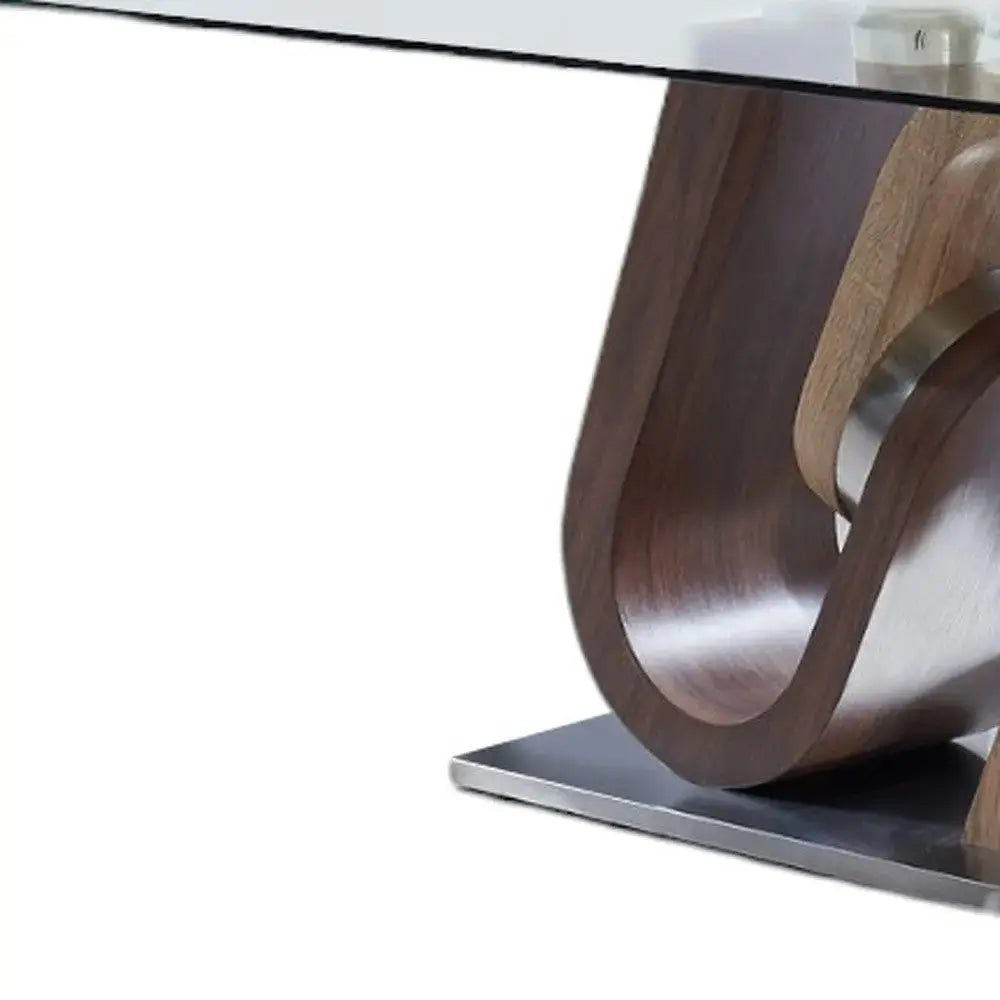 71" Clear And Brown and Silver Glass And Stainless Steel and Manufactured Wood Pedestal Base Dining Table Homeroots Kitchen & Dining