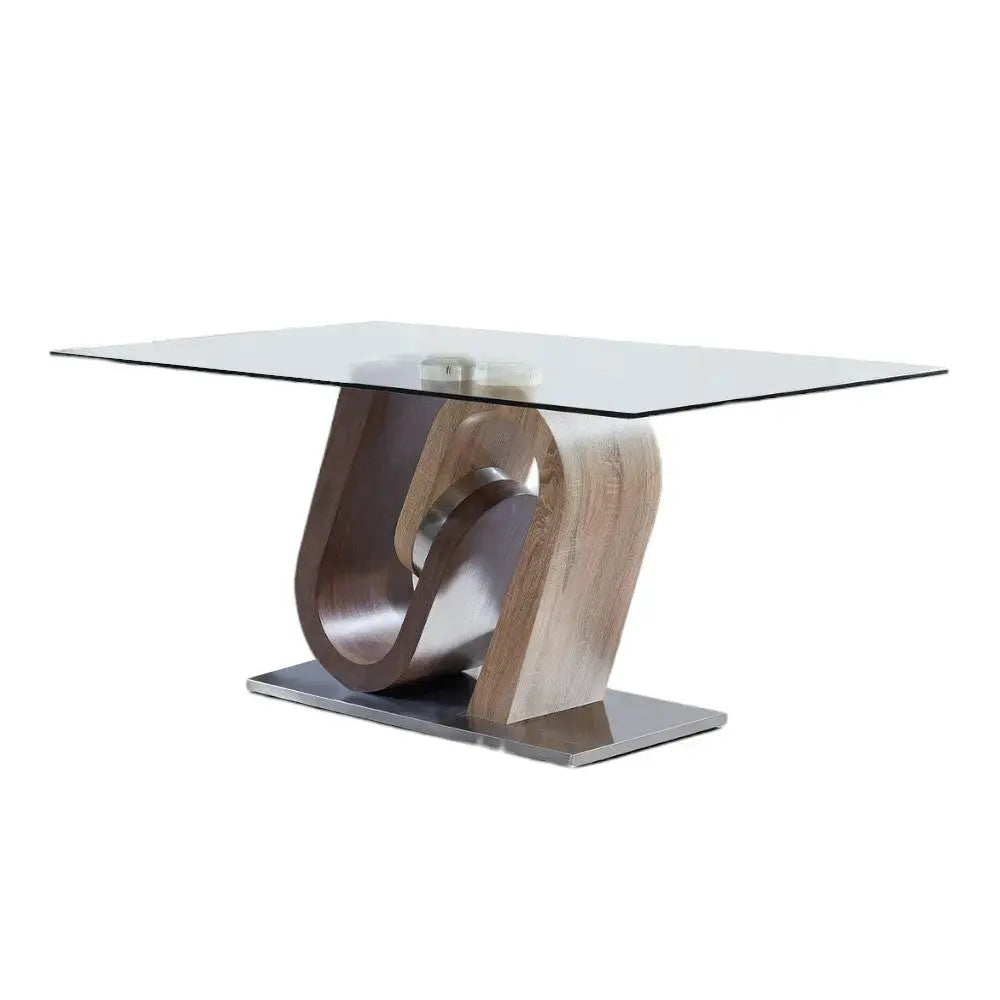 71" Clear And Brown and Silver Glass And Stainless Steel and Manufactured Wood Pedestal Base Dining Table Homeroots Kitchen & Dining