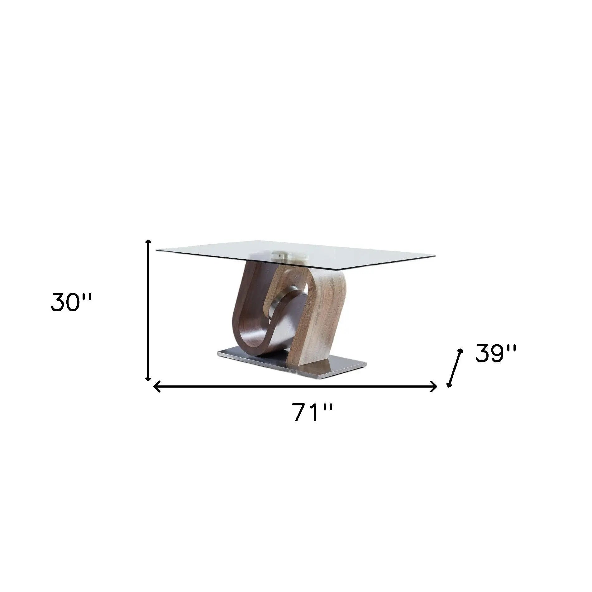 71" Clear And Brown and Silver Glass And Stainless Steel and Manufactured Wood Pedestal Base Dining Table Homeroots Kitchen & Dining
