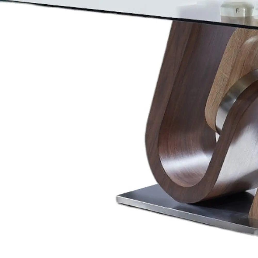 71" Clear And Brown and Silver Glass And Stainless Steel and Manufactured Wood Pedestal Base Dining Table Homeroots Kitchen & Dining