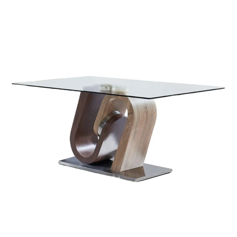 71" Clear And Brown and Silver Glass And Stainless Steel and Manufactured Wood Pedestal Base Dining Table Homeroots Kitchen & Dining