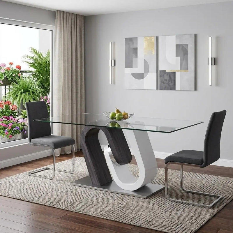 71" Clear And White and Gray Glass And Stainless Steel Pedestal Base Dining Table Homeroots Kitchen & Dining